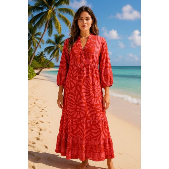 XXL Colorful Dress Tropical Lightweight Half Sleeve Button V-Neck Flowing Maxi - Picture 1 of 8